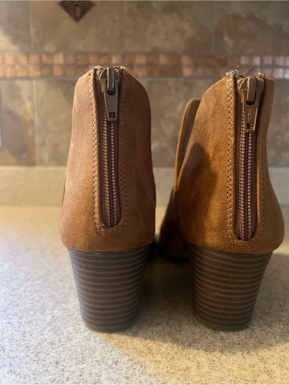 Women’s Tan Suede Ankle Booties with Low Block Heel…Size 7.5